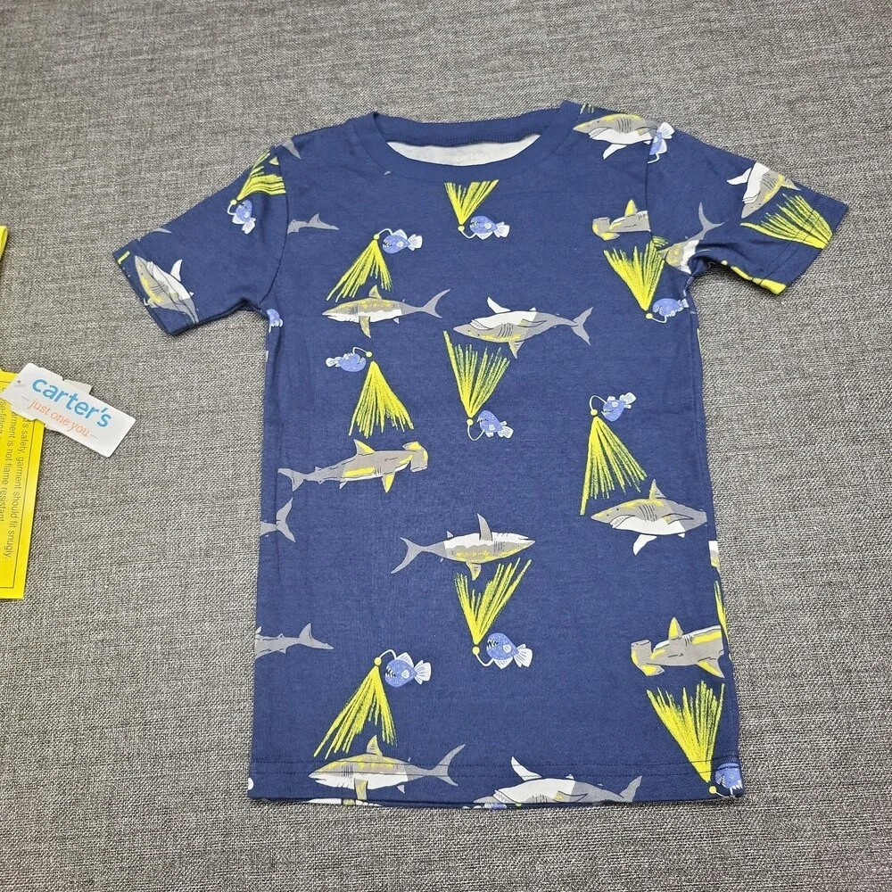Carter's Just One You Boys' Printed Sharks Pajama Set - Yellow Navy Blue Size 8